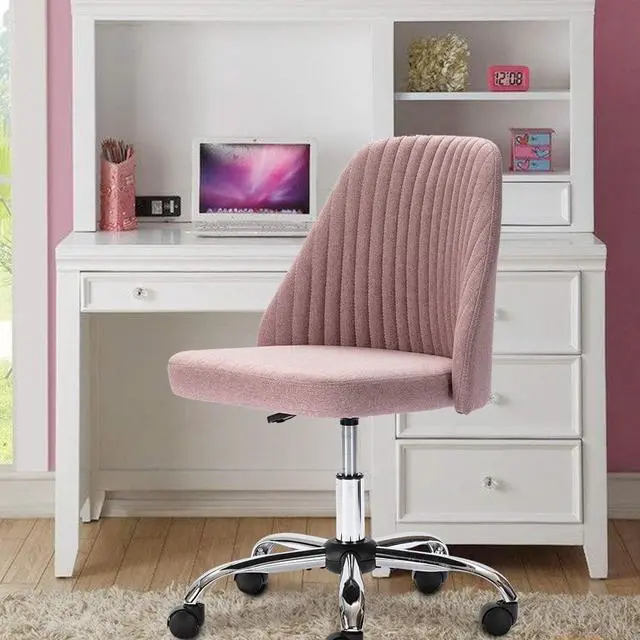 Alt view image 6 of 6 - Home Office Desk Chair, Modern Linen Fabric Chair Adjustable Swivel Task Chair Mid-Back Cute Upholstered Armless Computer Chair with Wheels for Bedroom Studying Room Vanity Room (Pink)
