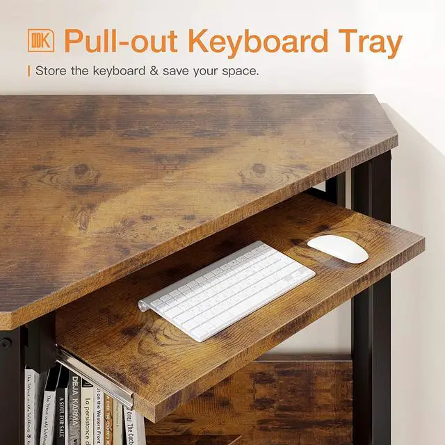 Alt view image 6 of 7 - ODK Corner Desk, Triangle Computer Desk, Small Desk Sturdy Steel Frame for Workstation with Smooth Keyboard Tray & Storage Shelves, Vintage
