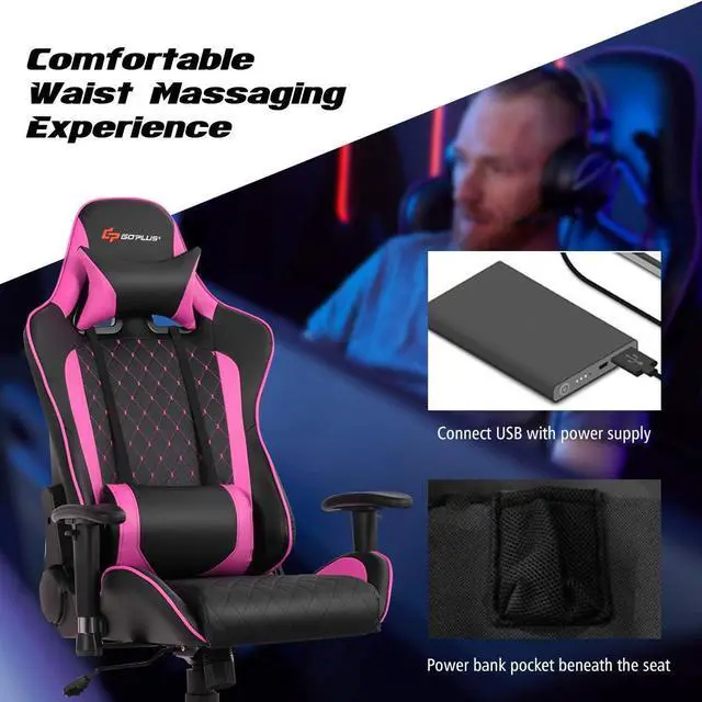 Alt view image 5 of 7 - Goplus Massage Gaming Chair, Reclining Backrest Handrails and Seat Height Adjustment Racing Computer Office Chair, Ergonomic High Back Embroidered PU Swivel Game Chair with Headrest and Lumbar Cushion