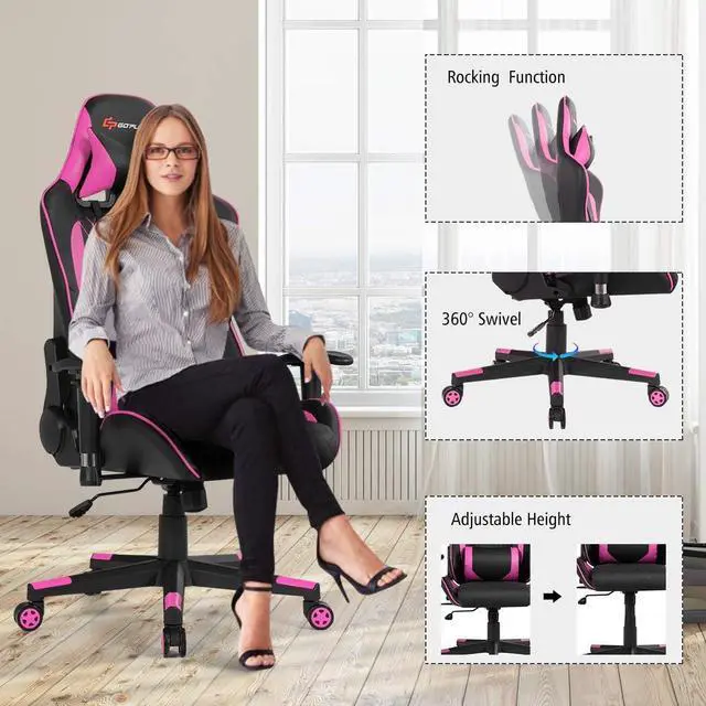 Alt view image 6 of 7 - Goplus Massage Gaming Chair, Reclining Backrest Handrails and Seat Height Adjustment Racing Computer Office Chair, Ergonomic High Back Embroidered PU Swivel Game Chair with Headrest and Lumbar Cushion
