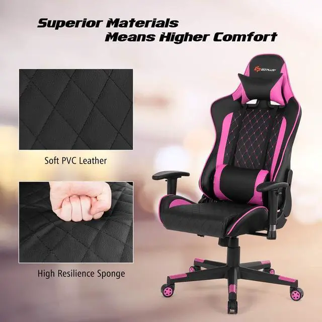Alt view image 7 of 7 - Goplus Massage Gaming Chair, Reclining Backrest Handrails and Seat Height Adjustment Racing Computer Office Chair, Ergonomic High Back Embroidered PU Swivel Game Chair with Headrest and Lumbar Cushion