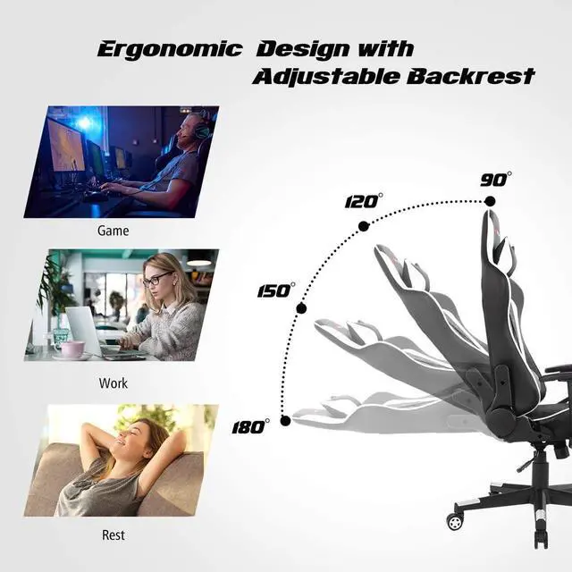 Alt view image 5 of 7 - POWERSTONE Gaming Chair, Gaming Recliner with Adjustable Armrest Massage Lumbar Pillow Wide Cushion Ergonomic Office Computer Chair for Adults, White