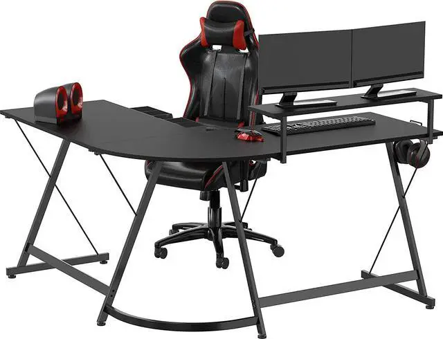 Alt view image 7 of 7 - SHW Computer Gaming L-Shaped Desk with Monitor Stand for Home Office, Black