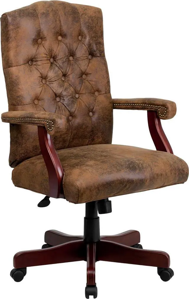 Main image of Flash Furniture Derrick Traditional Microfiber Tufted Swivel Office Chair with Wood Base, Ergonomic Farmhouse High-Back Desk Chair, Bomber Brown