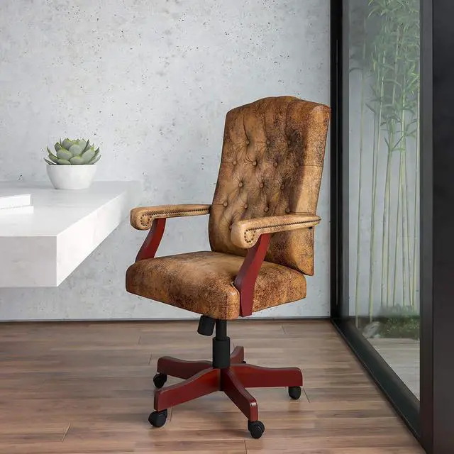Alt view image 2 of 7 - Flash Furniture Derrick Traditional Microfiber Tufted Swivel Office Chair with Wood Base, Ergonomic Farmhouse High-Back Desk Chair, Bomber Brown