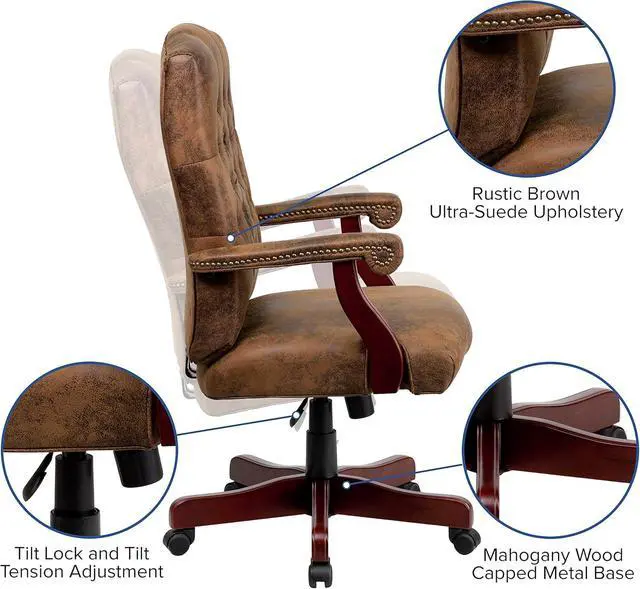 Alt view image 4 of 7 - Flash Furniture Derrick Traditional Microfiber Tufted Swivel Office Chair with Wood Base, Ergonomic Farmhouse High-Back Desk Chair, Bomber Brown