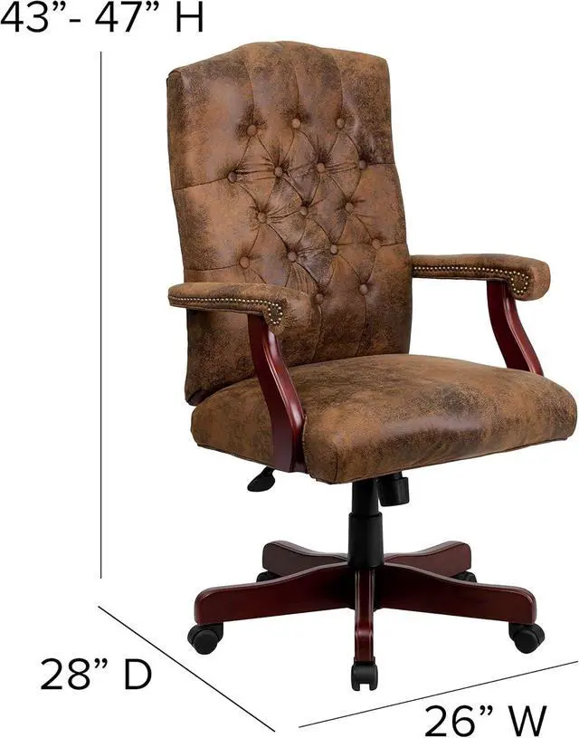 Alt view image 3 of 7 - Flash Furniture Derrick Traditional Microfiber Tufted Swivel Office Chair with Wood Base, Ergonomic Farmhouse High-Back Desk Chair, Bomber Brown
