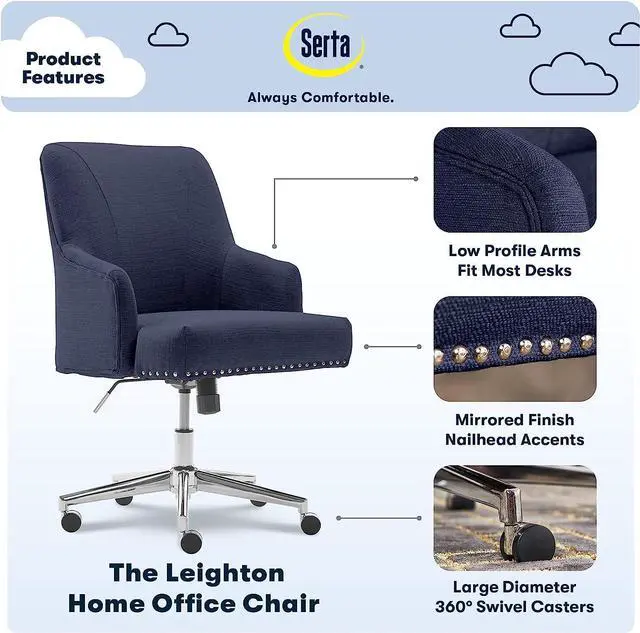 Alt view image 3 of 7 - Serta Leighton Home Office Memory Foam, Height-Adjustable Desk Accent Chair with Chrome-Finished Stainless-Steel Base, Blue