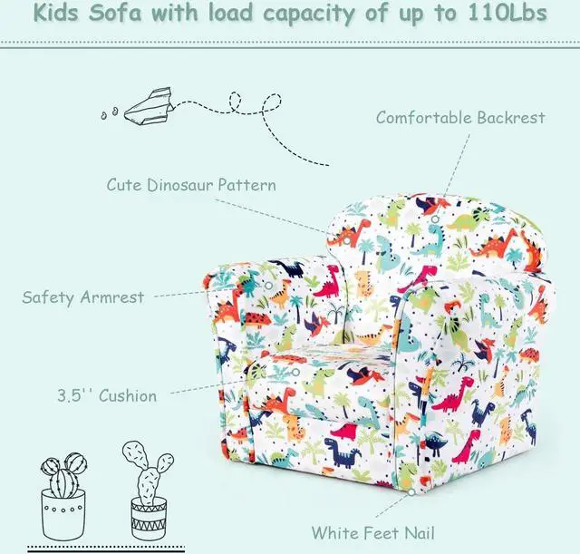 Alt view image 7 of 7 - Costzon Kids Sofa, Children Armrest Chair with Pattern, Toddler Furniture w/Sturdy Wood Construction for Boys & Girls, Armrest Couch for Preschool Children, Lightweight Children Sofa Chair, Dinosaur