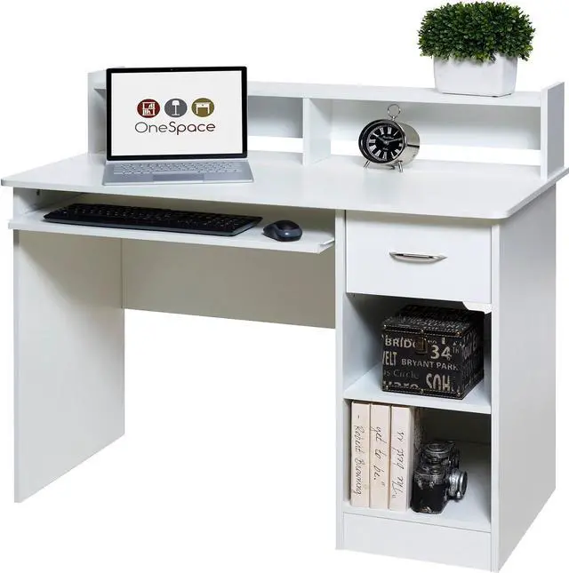 Alt view image 3 of 7 - OneSpace Essential Computer Desk, Hutch with Pull-Out Keyboard, White