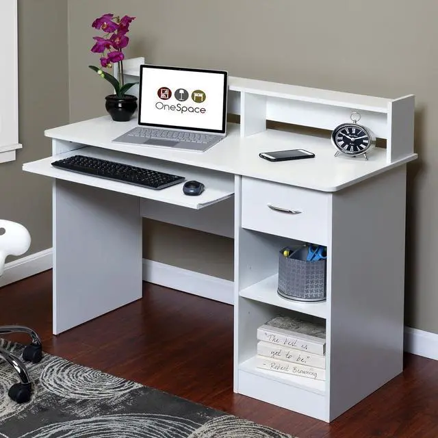 Alt view image 2 of 7 - OneSpace Essential Computer Desk, Hutch with Pull-Out Keyboard, White