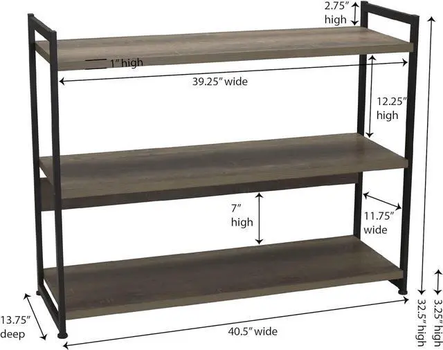 Alt view image 3 of 7 - Household Essentials Wide 3Shelf Open Storage Bookshelf in Oak Rustic Wood Grain and White Metal Frame, Ashwood