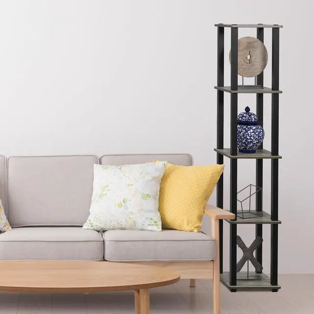 Alt view image 2 of 6 - FURINNO Turn-S-Tube 5-Tier Corner Square Rack Display Shelf, French Oak Grey/Black