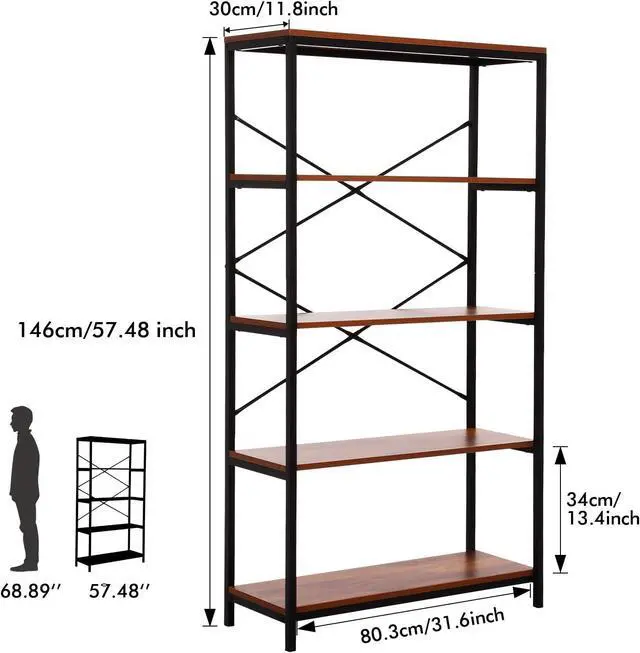 Alt view image 3 of 5 - Tall Bookcase, Open Bookshelf Modern Wide Book Shelf Wood Metal Industrial Bookcase Furniture Shelving Unit Storage 4 Tier Bookshelf