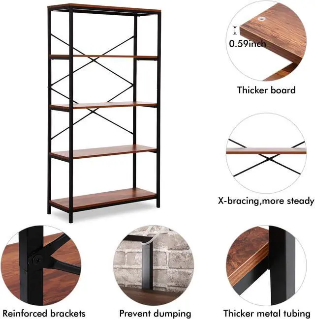 Alt view image 4 of 5 - Tall Bookcase, Open Bookshelf Modern Wide Book Shelf Wood Metal Industrial Bookcase Furniture Shelving Unit Storage 4 Tier Bookshelf