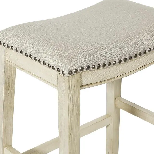 Alt view image 6 of 7 - OSP Home Furnishings Metro 24-inch Counter Height Saddle Stool with Nailhead Trim 2-Pack, Antique White Base with Beige Fabric