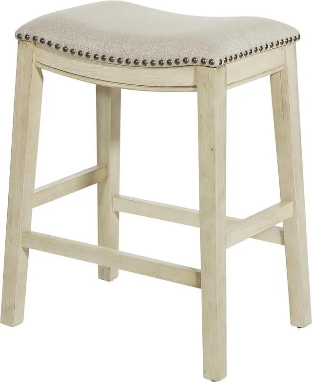 Alt view image 4 of 7 - OSP Home Furnishings Metro 24-inch Counter Height Saddle Stool with Nailhead Trim 2-Pack, Antique White Base with Beige Fabric