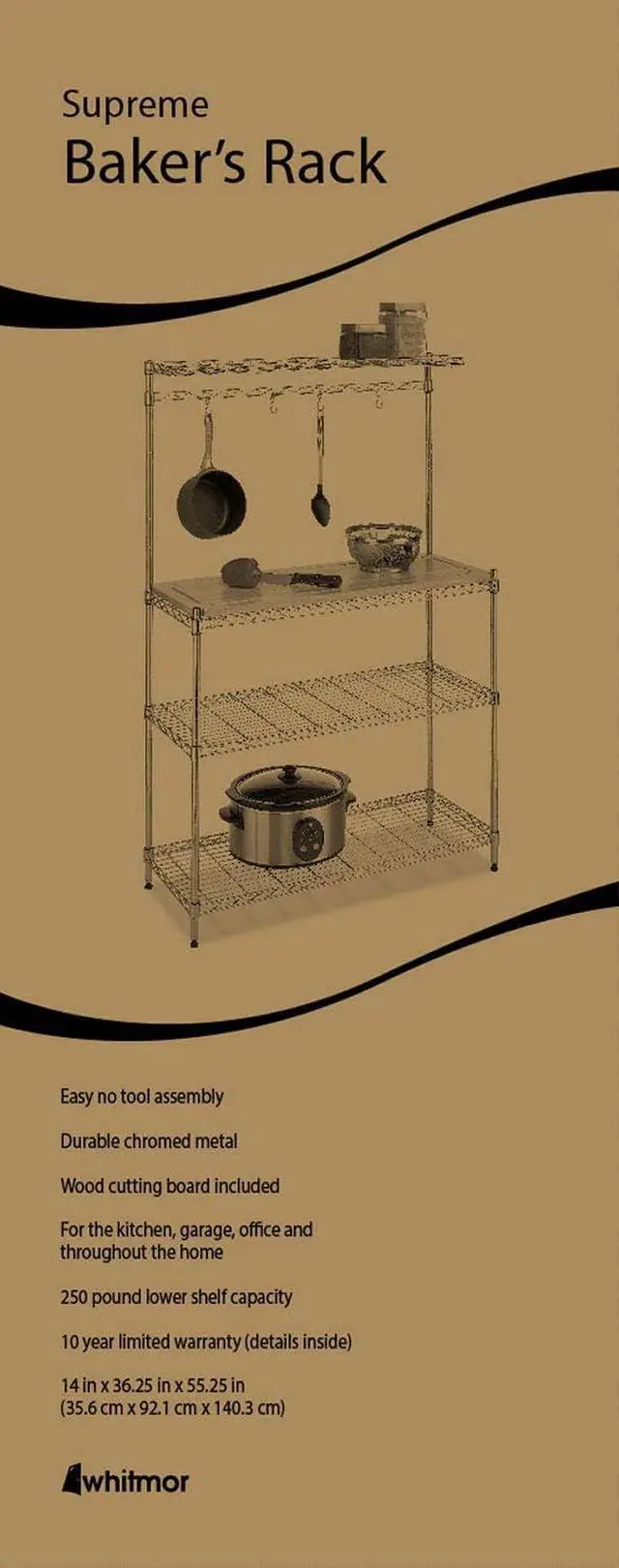 Alt view image 6 of 6 - Whitmor Supreme Bakers Rack with Food Safe Removable Wood Cutting Board - Chrome