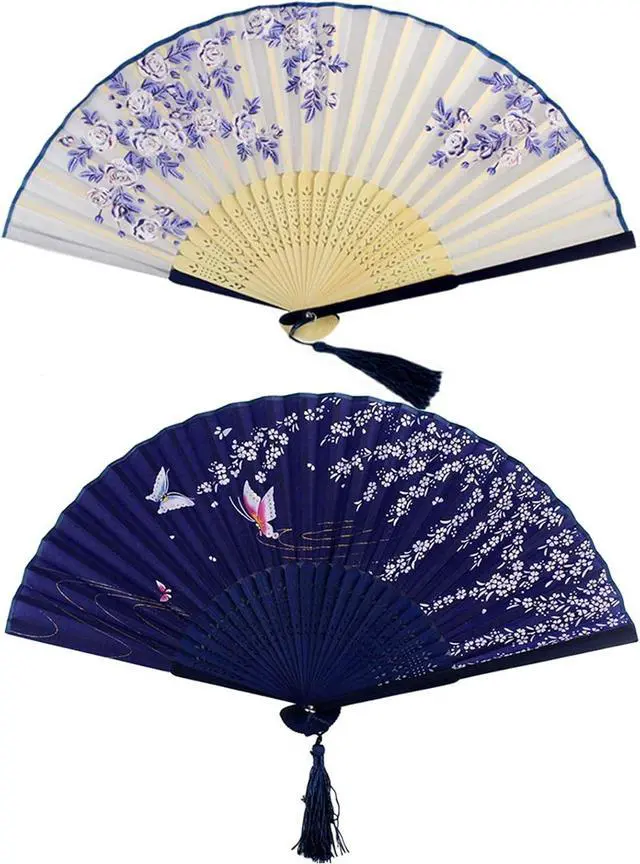 Main image of Bantoye 2Pcs Handheld Fans Silk Folding Fans with Bamboo Frames, White Blue