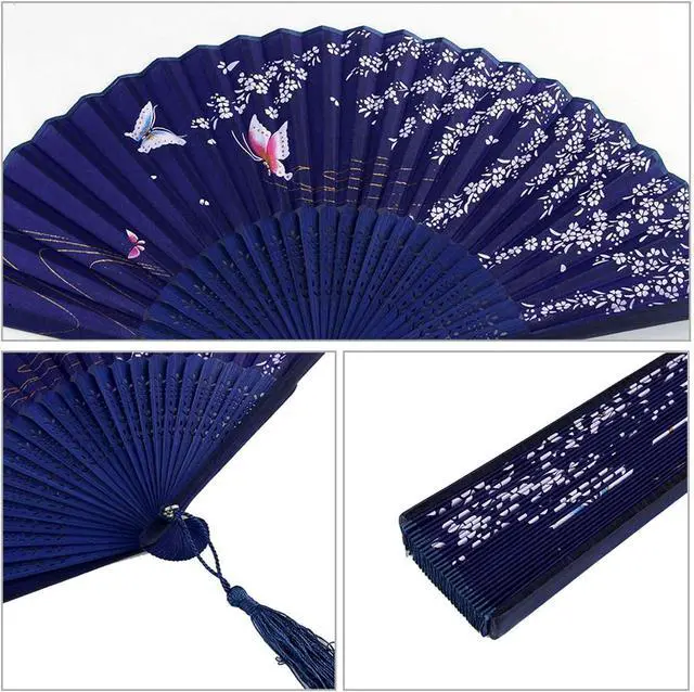 Alt view image 3 of 5 - Bantoye 2Pcs Handheld Fans Silk Folding Fans with Bamboo Frames, White Blue