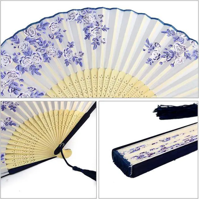 Alt view image 4 of 5 - Bantoye 2Pcs Handheld Fans Silk Folding Fans with Bamboo Frames, White Blue