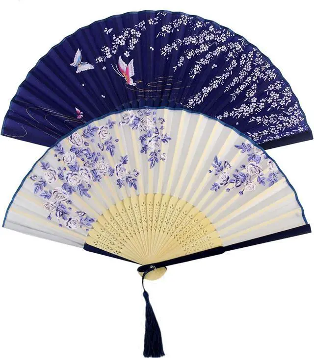 Alt view image 5 of 5 - Bantoye 2Pcs Handheld Fans Silk Folding Fans with Bamboo Frames, White Blue