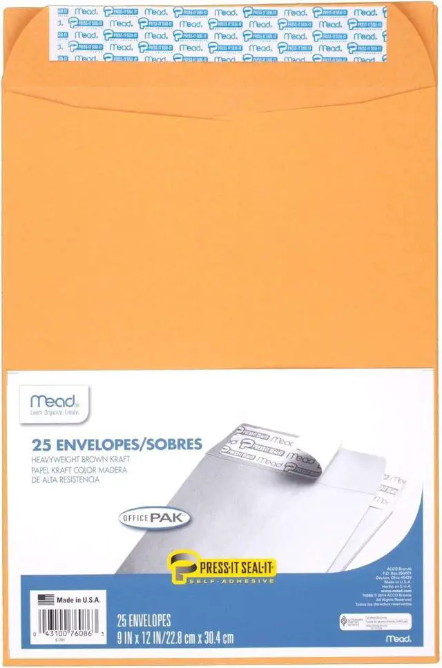Alt view image 5 of 6 - Mead Envelopes, Letter Size 9" x 12", Press-It Seal-It Self Adhesive Closure, Brown Kraft All-Purpose 24-lb Paper, Manila Mailing Envelopes, 25 Count (76086)