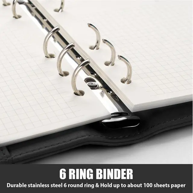 Alt view image 4 of 6 - A5 Binder 6 Ring, Refillable Notebook Planner Cover, Small Leather Organizer Empty Binder for Budget,Journal,Photocard Holder,Recipe Book, Aesthetic Loose Leaf Binder with Magnetic Buckle