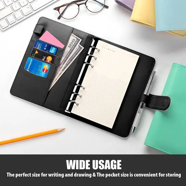Alt view image 5 of 6 - A5 Binder 6 Ring, Refillable Notebook Planner Cover, Small Leather Organizer Empty Binder for Budget,Journal,Photocard Holder,Recipe Book, Aesthetic Loose Leaf Binder with Magnetic Buckle