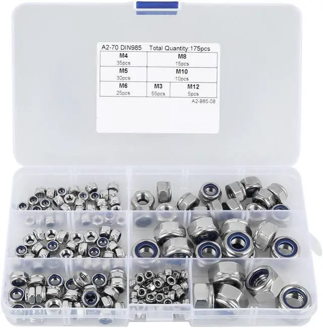 Main image of 175pcs/set M3 M4 M5 M6 M8 M10 M12 Stainless Steel Hex Nuts Assortment Kit For Screws Woodworking Tools Hardware