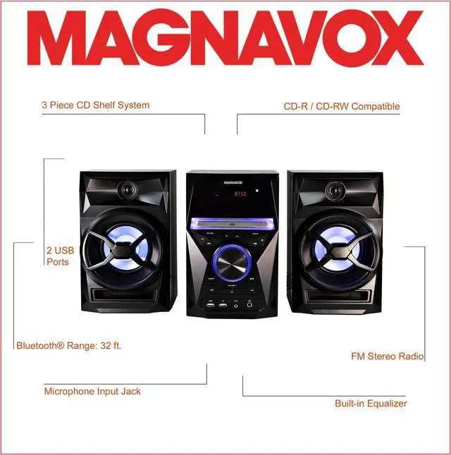 Alt view image 2 of 7 - Magnavox MM441 3-Piece CD Shelf System with Digital PLL FM Stereo Radio, Bluetooth Wireless Technology, and Remote Control in Black | Blue Colored Speaker Lights | LED Display | AUX Port Compatible |