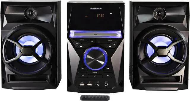 Main image of Magnavox MM441 3-Piece CD Shelf System with Digital PLL FM Stereo Radio, Bluetooth Wireless Technology, and Remote Control in Black | Blue Colored Speaker Lights | LED Display | AUX Port Compatible |
