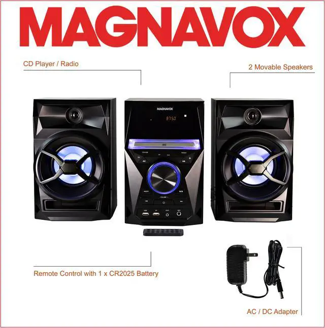 Alt view image 3 of 7 - Magnavox MM441 3-Piece CD Shelf System with Digital PLL FM Stereo Radio, Bluetooth Wireless Technology, and Remote Control in Black | Blue Colored Speaker Lights | LED Display | AUX Port Compatible |