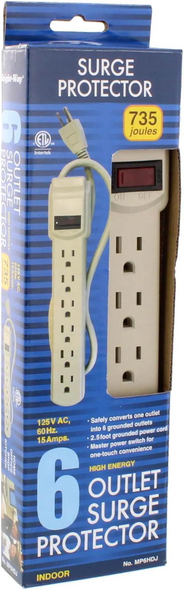 Alt view image 2 of 2 - Bright-Way MP6HDJ 735 Joules 6-Outlet Surge Protector Power Strip with 2-1/2 Foot Cord and Grounded Power Strip