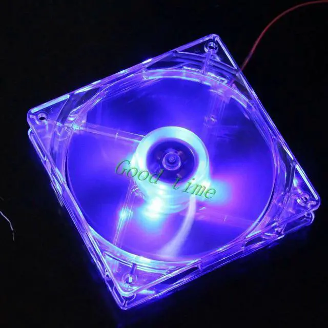 Main image of 2 pcst Blue Quad 4 LED Lights Transparent 80x80x25mm 12V 2 Wire 4 Pin PC Computer Case Cooling Fan 80mm Mod
