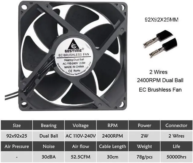 Alt view image 5 of 6 - 9cm 92mm 92x92x25mm 110V 120V 220V 240V EC Brushless Fan 2W 2400RPM Case Cooling Cooler Fan