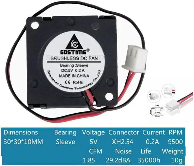 Alt view image 5 of 5 - 5pcs GDT DC 5V 30x30x10mm Smart 30mm Sleeve Blower Fan 30mm x 30mm x 10mm small 3D Printer Laptop Cooling Fan 3cm