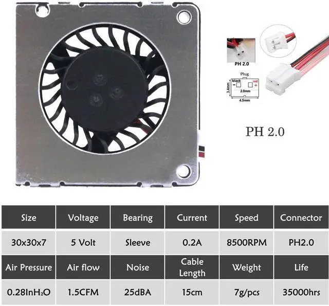 Alt view image 6 of 6 - 2 Pcs 3cm 3007 30X30X7mm 5V 0.2A Mini 3D Printer Cooler 30mm 30mmx7mm Blower 2Pin DC Cooling Fan