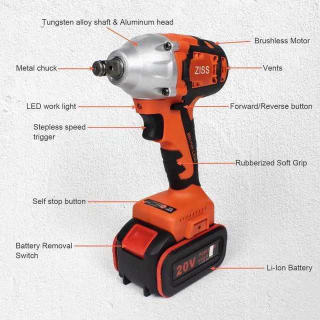 Alt view image 2 of 6 - 1/2" Cordless Impact Wrench Brushless 20V MAX 520N.m Electric Wrench Driver Kit
