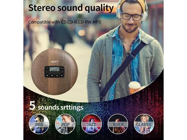 Alt view image 2 of 5 - HOTT CD611 Portable CD Player for Home Travel and Car with Stereo Headphones, Anti-Shock ,Wood Grain Pattern