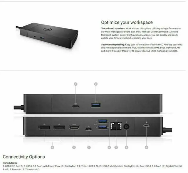 Alt view image 7 of 7 - Dell Thunderbolt 3 Dock WD19TBS Docking Station, With 180W Power Adapter (Provides 130W Power Delivery; 90W to Non-Dell Systems) No 3.5mm Ports, Type-C Thunderbolt 3 Interface Docking Station