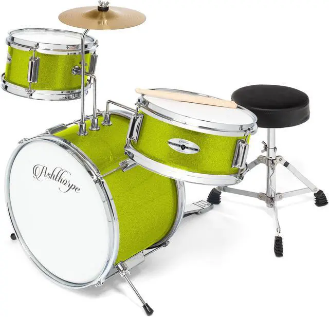 Main image of Ashthorpe 3-Piece Complete Drum Set - Beginner Kit with 14" Bass, Adjustable Throne, Cymbal, Pedal & Drumsticks - Green