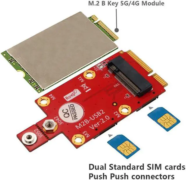 Alt view image 2 of 6 - M.2 Key B to Mini PCI-E Adapter with Dual NANO SIM Card Slot for 3G/4G/5G Module