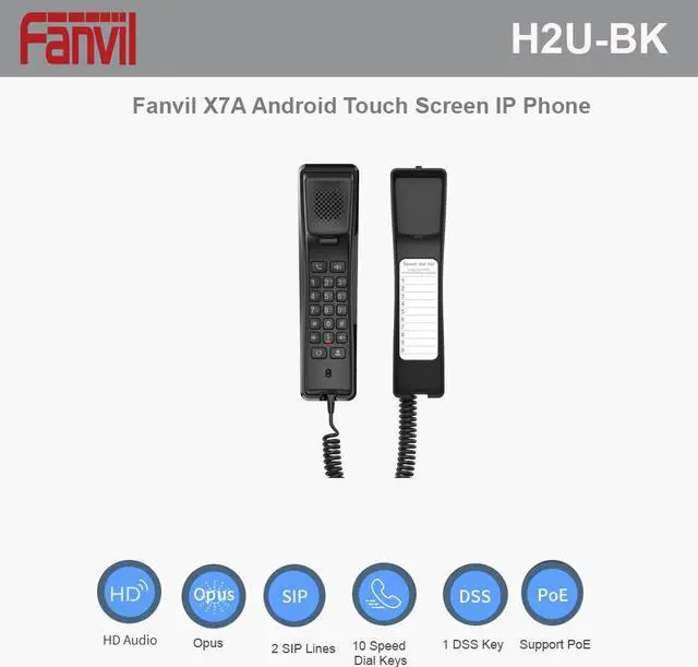 Main image of Fanvil H2U-BK Hotel Phone - 2 SIP lines - 10 SIP Dial Keys - 1 Programmable Key - POE (Black)
