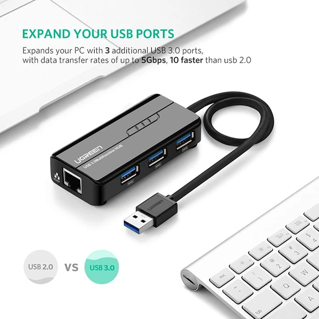 Alt view image 2 of 7 - UGREEN USB 3.0 Hub Ethernet Adapter 10/100/1000 Gigabit Network Converter with USB 3.0 Hub 3 Ports for Nintendo Switch, Windows Surface Pro, MacBook Air/Retina, iMac Pro, Chromebook, PC