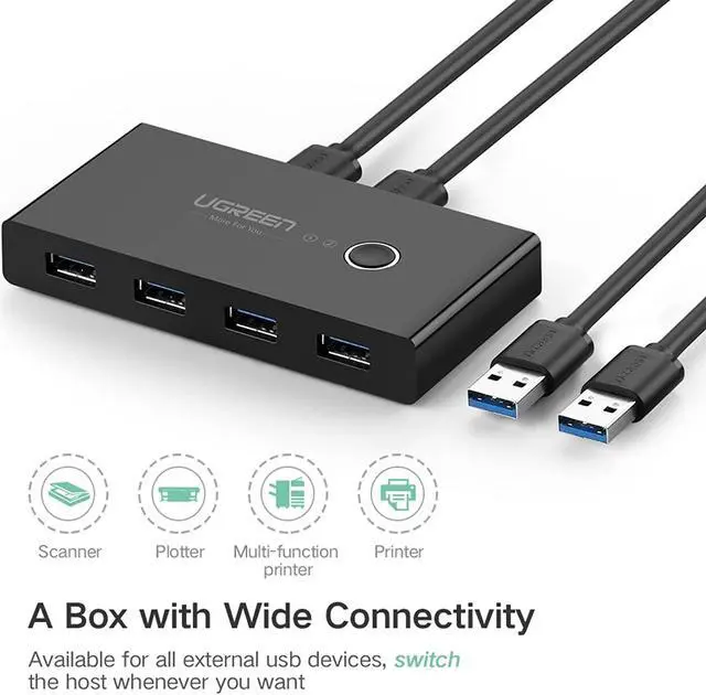 Alt view image 4 of 7 - UGREEN USB 3.0 Sharing Switch Selector 4 Port 2 Computers Peripheral Switcher Adapter Hub for PC, Printer, Scanner, Mouse, Keyboard with One Button Swapping and 2 Pack USB Male Cable