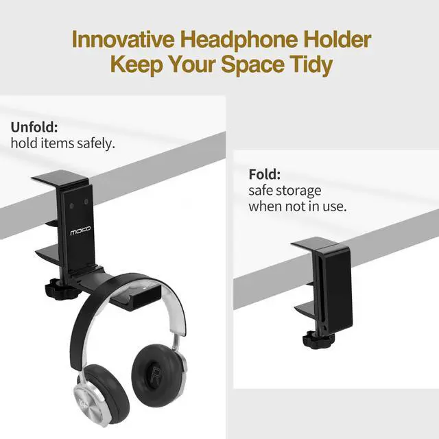 Alt view image 2 of 7 - MoKo Headphone Stand, Universal Aluminum Headphone Foldable Hanger Adjustable Headset Stand Clamp Mount Desk Hook Holder for All Headphone Sizes, Sennheiser, Audio-Technica, Gaming Headphones - Black