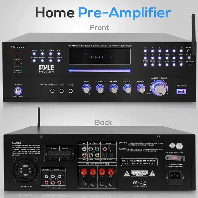 Alt view image 2 of 7 - 4 Channel Pre Amplifier Receiver - 1000 Watt Rack Mount Bluetooth Home Theater-Stereo Surround Sound Preamp Receiver W/Audio/Video System, CD/DVD Player, AM/FM Radio, MP3/USB Reader - Pyle PD1000BT