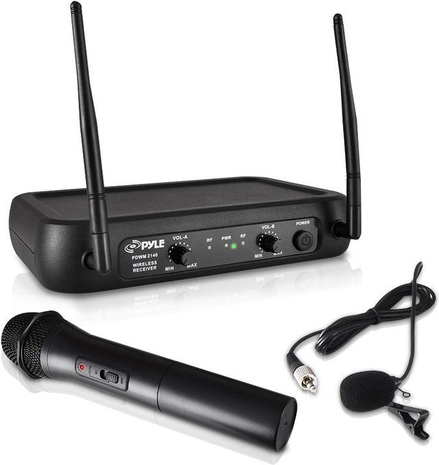 Dual-Channel Wireless Microphone System-VHF Fixed Dual Frequency Wireless  Mic Receiver Set with Handheld, Lavalier, Headset Mics, Transmitter,  Receiver-For PA, Karaoke Dj Party-Pyle PDWM2140.5 