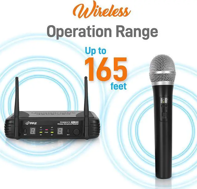 Alt view image 3 of 7 - Professional Wireless Microphone System - Dual UHF Band, Wireless, Handheld, 2 MICS With 8 Selectable Frequency Channels, Independent Volume Controls, AF & RF Signal Indicators - Pyle PDWM3375
